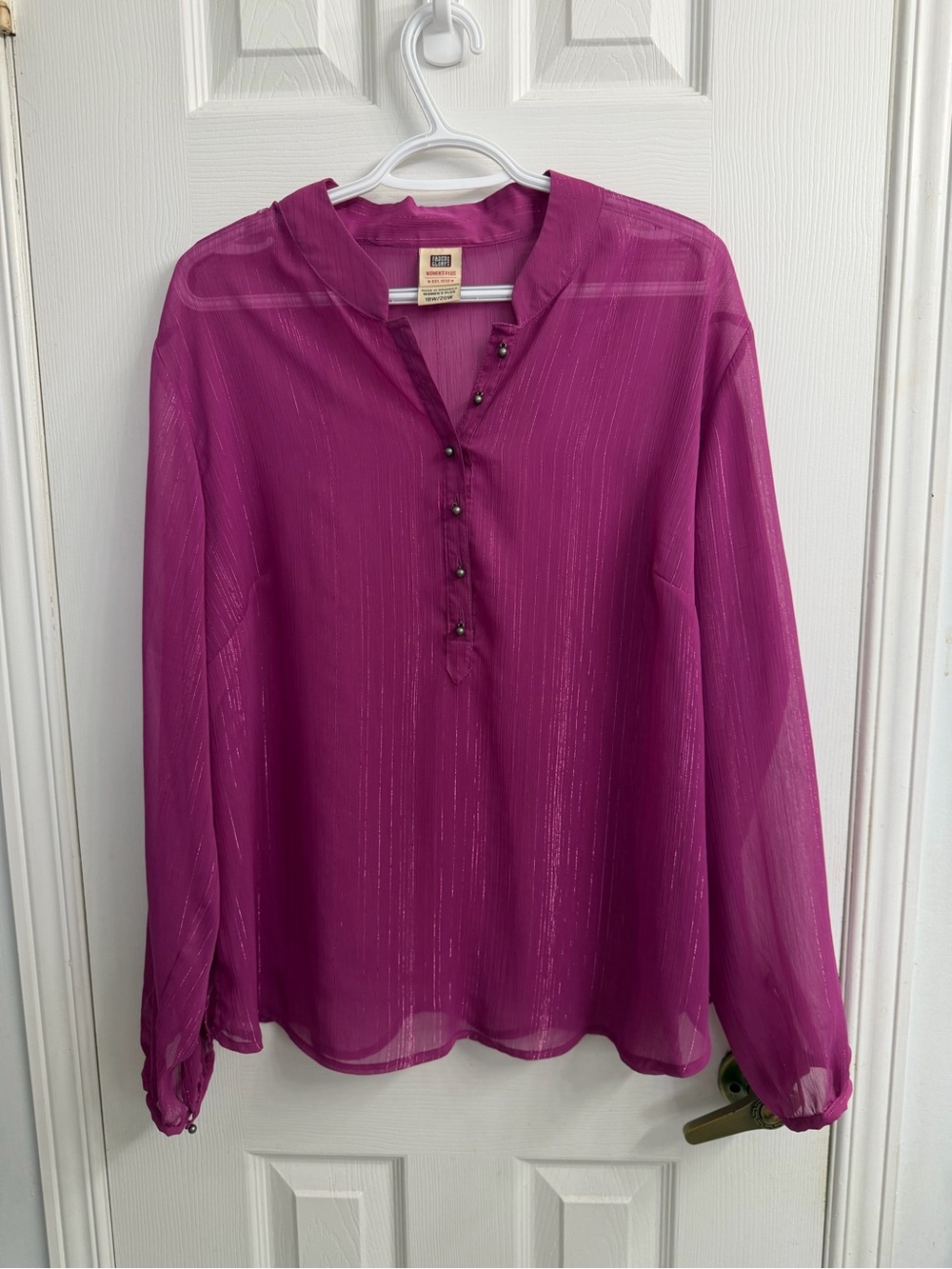 Faded Glory Women’s Plus Magenta Sheer Metallic Stripe Blouse 18W/20W